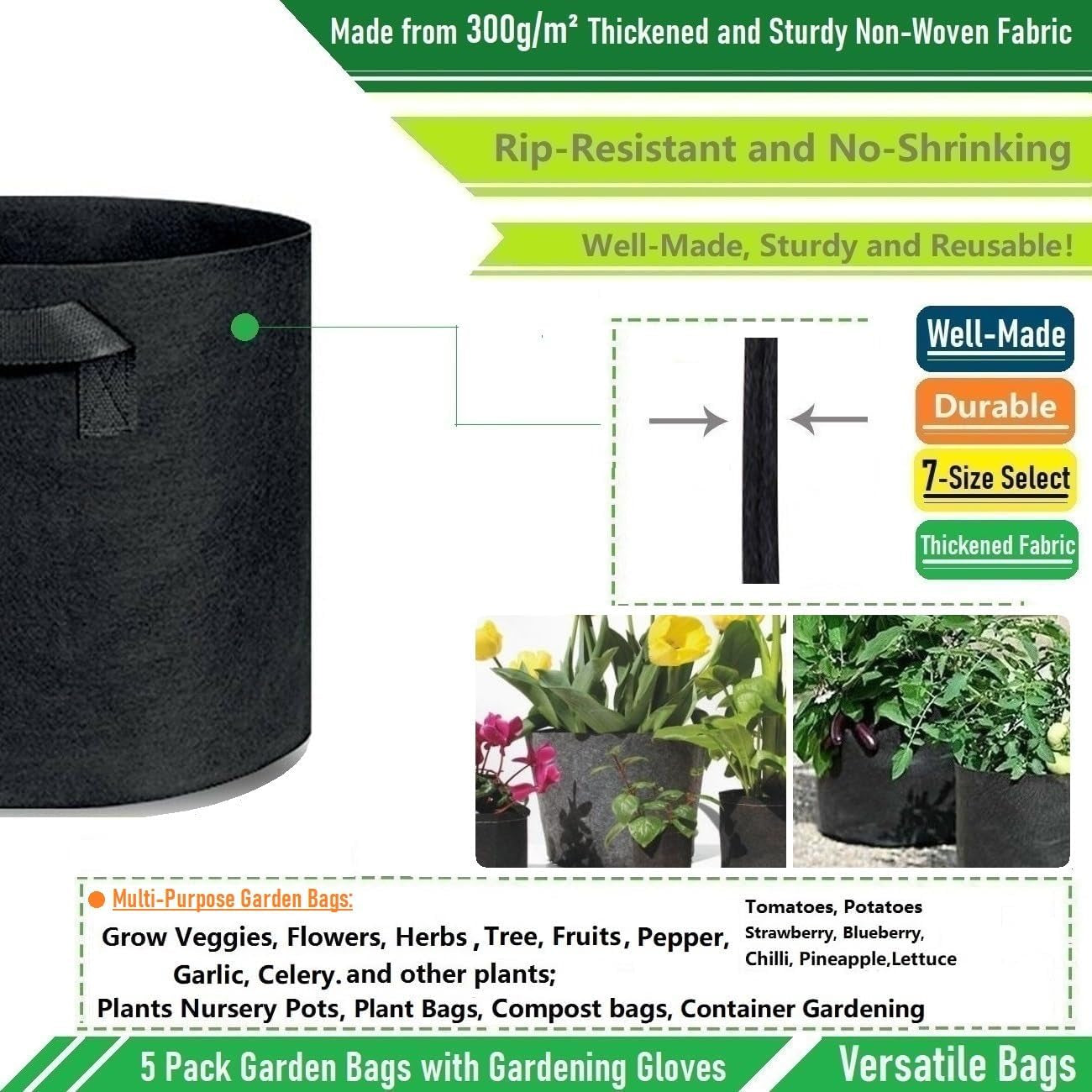 5-Pack 15 Gallon Thickened Plant Grow Bags (20X12 Inch) Garden Bags Fabric Plant Pots for Tomato,Potato Planter,Herbs Veggies Planter Bag,Garden Pot,Flower Pot,Barrel Planter,Plant Container W/ Gloves