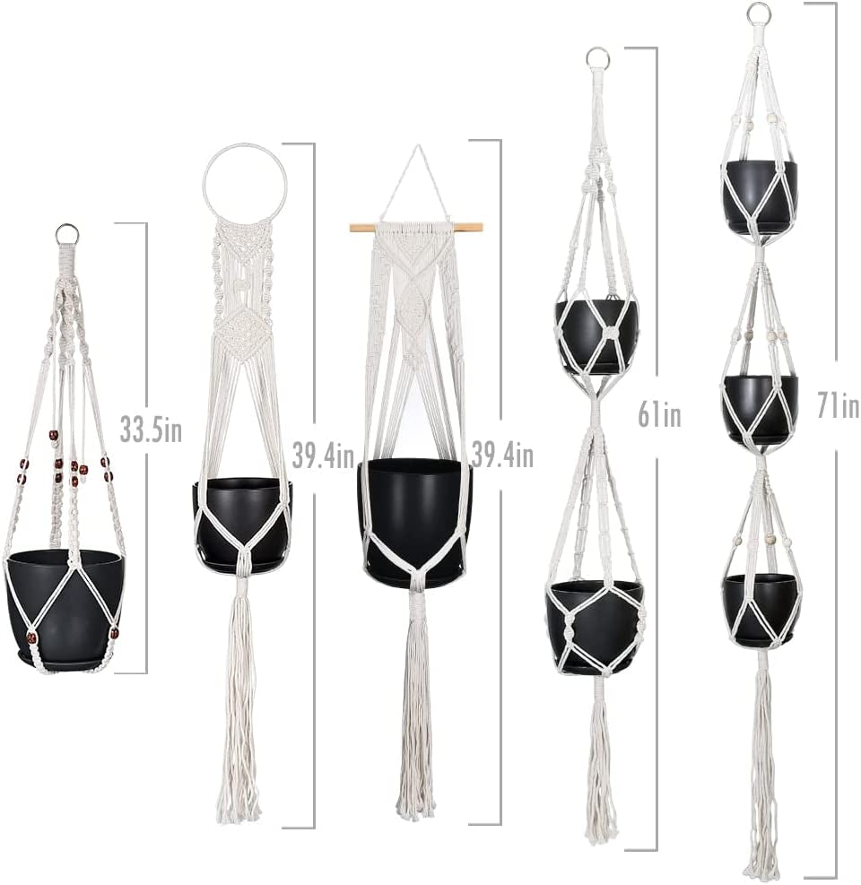 Macrame Plant Hangers, Hanging Planters Set of 5 with 5 Hooks, Hanging Planters for Indoor and Outdoor Plant Décor, Different Tier (5 Sizes) Beige