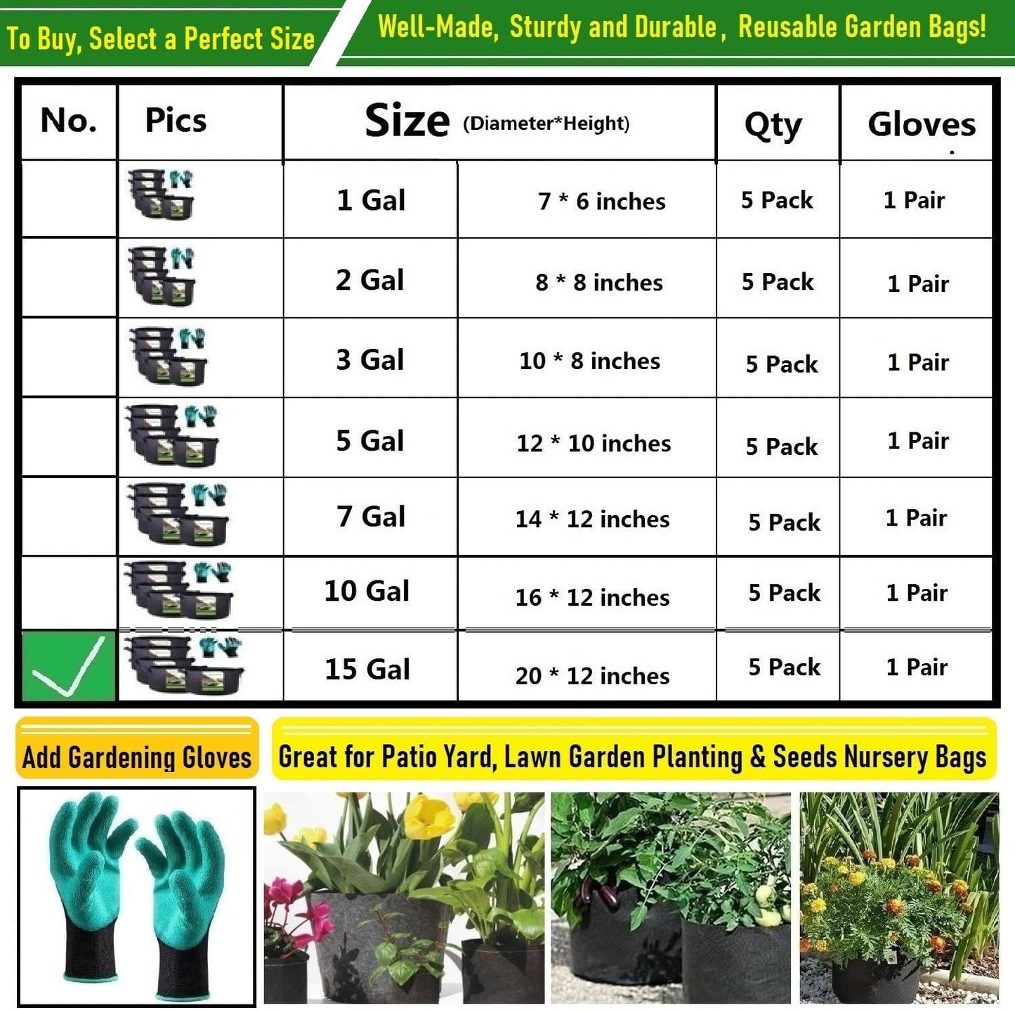 5-Pack 15 Gallon Thickened Plant Grow Bags (20X12 Inch) Garden Bags Fabric Plant Pots for Tomato,Potato Planter,Herbs Veggies Planter Bag,Garden Pot,Flower Pot,Barrel Planter,Plant Container W/ Gloves