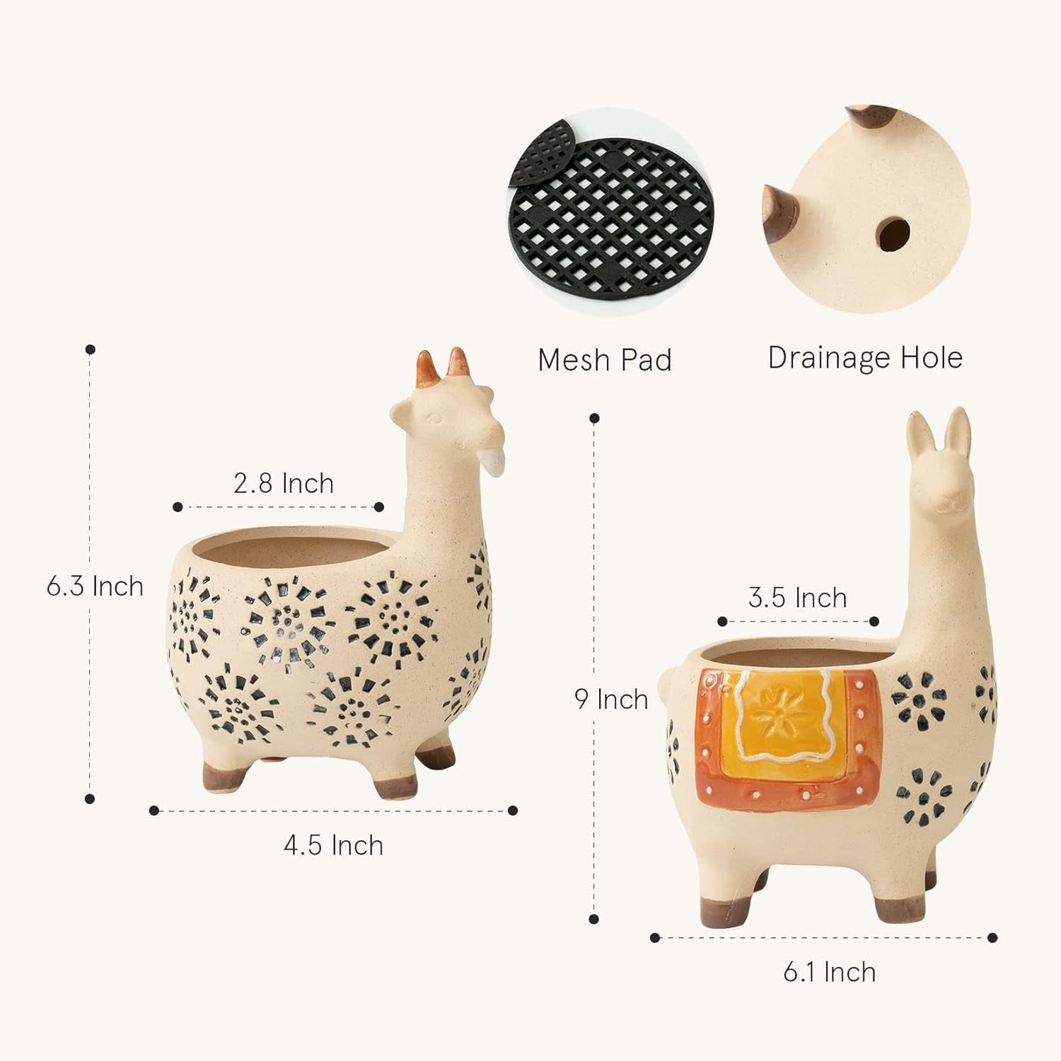 Ceramic Animal Succulent Planter Pots - 6.1 + 4.5 Inch Cute Alpaca/Llama & Goat Rough Pottery Unglazed Desktop Flower Plant Pots Indoor, Home Decor Gifts for Mom, Orange